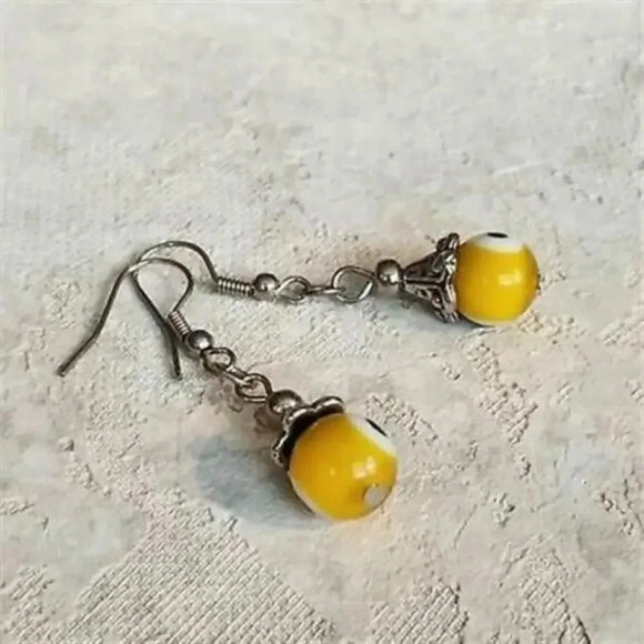 Evil Eye Yellow Lampwork Glass Beads Protective Talisman Drop Earrings - Picture 2 of 5